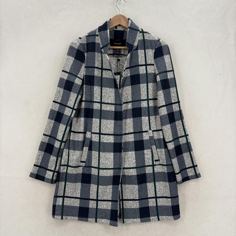 Vero Moda Brushed Katrine Check 3/4 Jacket Womens Small Gray Plaid Pondero NWT